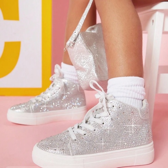 Kids Silver Rhinestone Lace-Up Sneakers - Picture 1 of 4